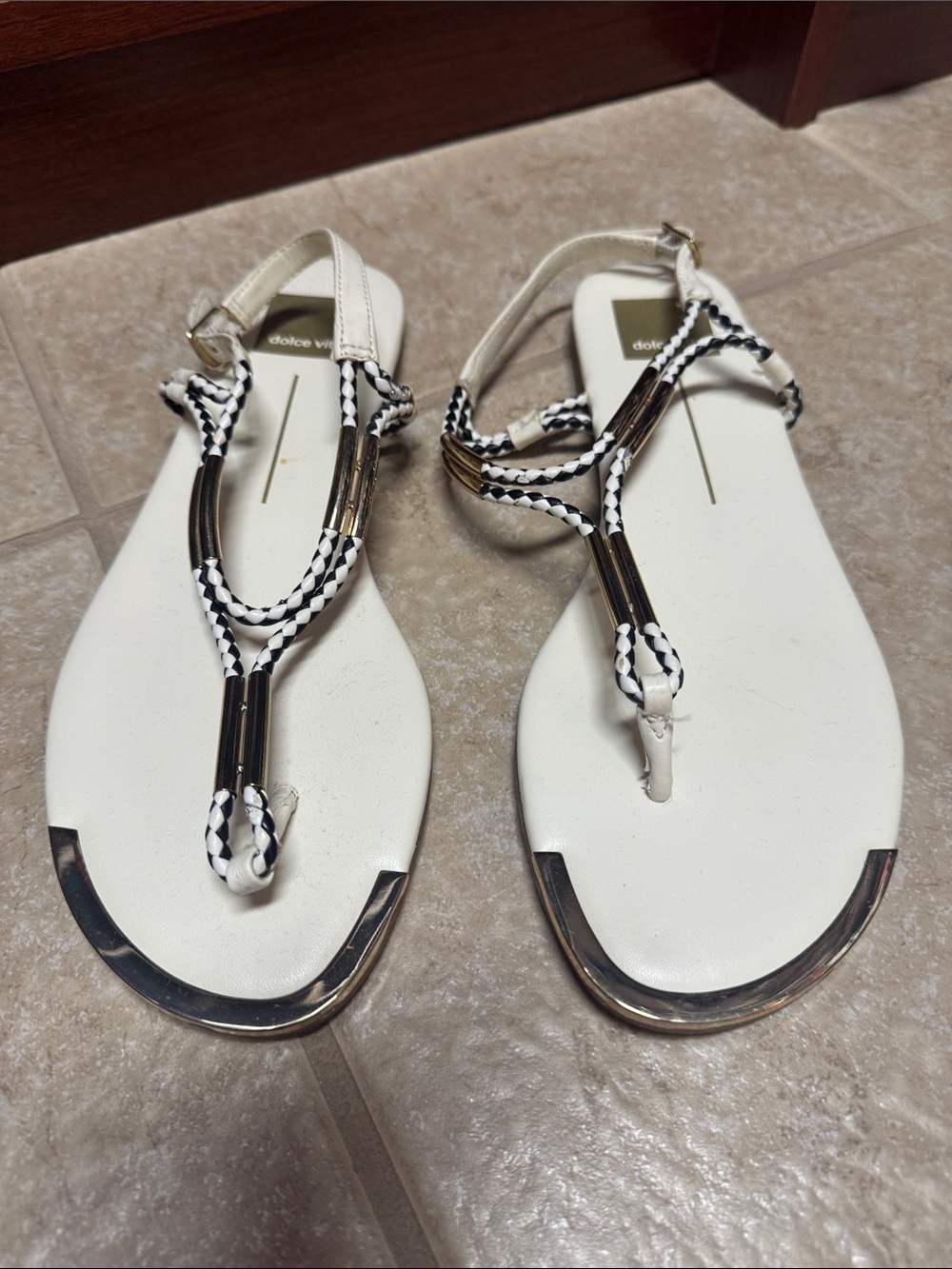 Dolce Vita White Braided T-Strap Sandals with gold Trim